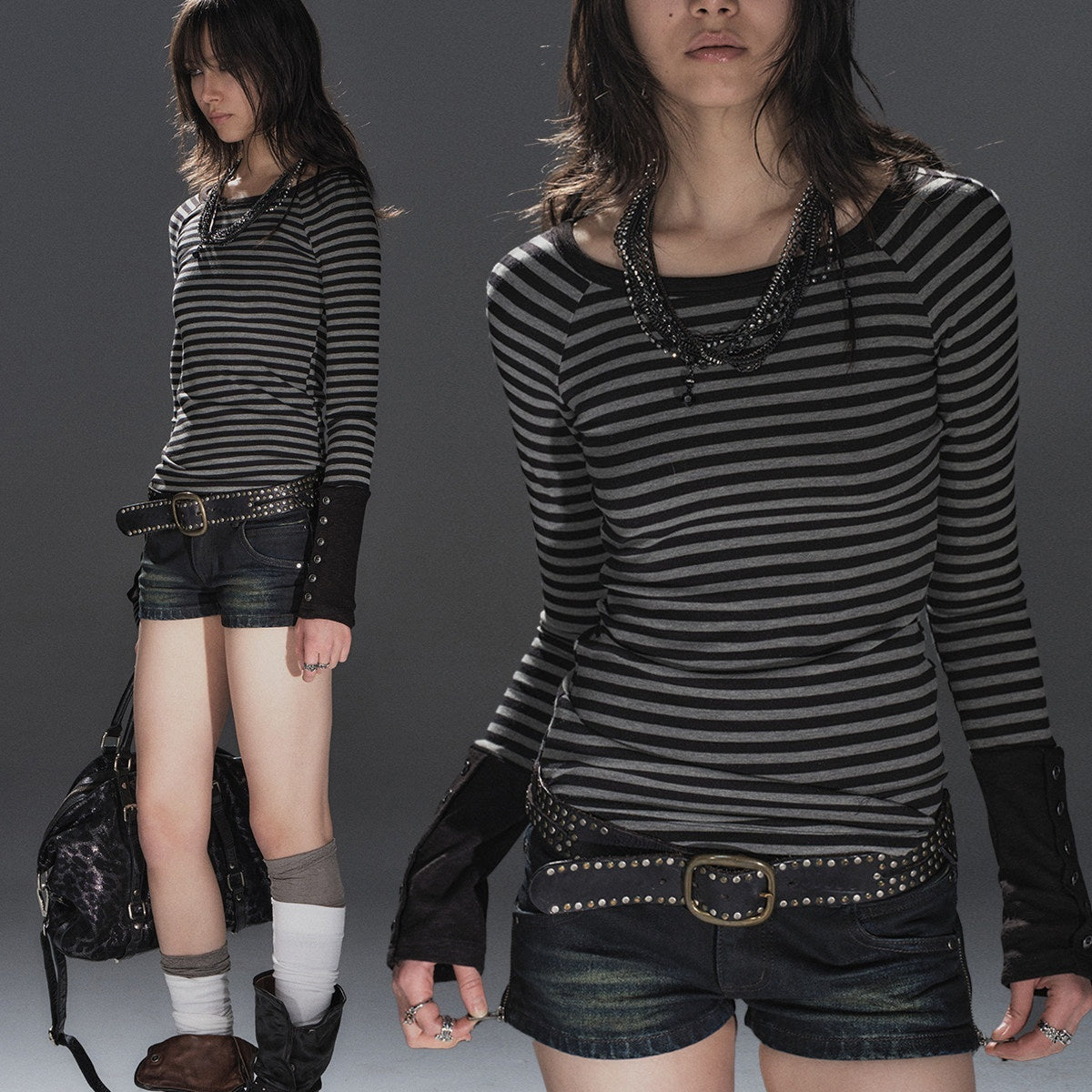 wear_And_tear_Black_Gray_Striped_Patchwork_Button_Raglan_Women&