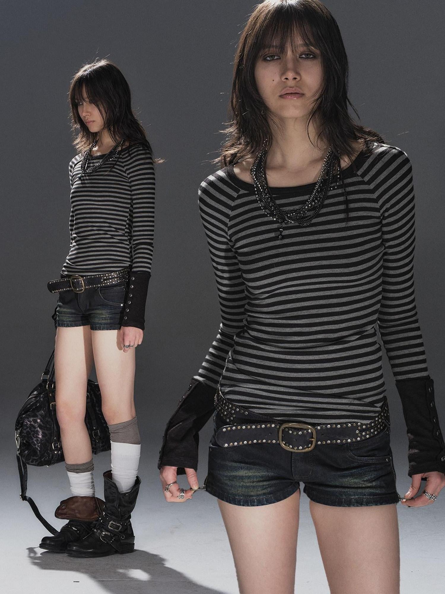 wear And tear Black Gray Striped Patchwork Button Raglan Women&