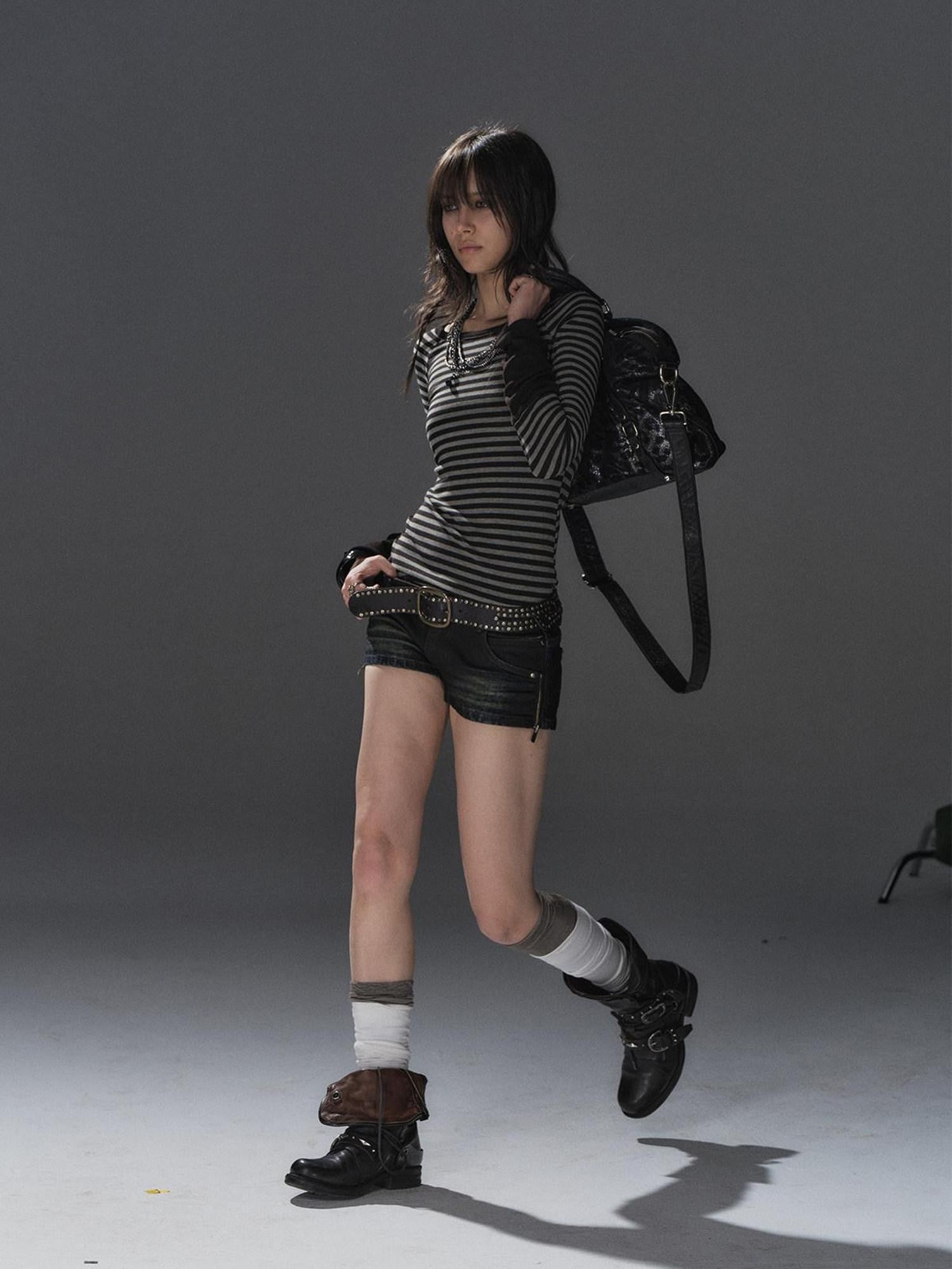 wear And tear Black Gray Striped Patchwork Button Raglan Women&