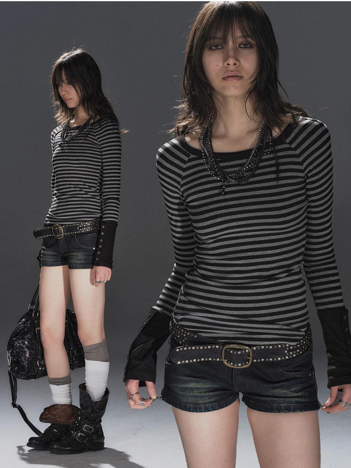 wear And tear Black Gray Striped Patchwork Button Raglan Women&