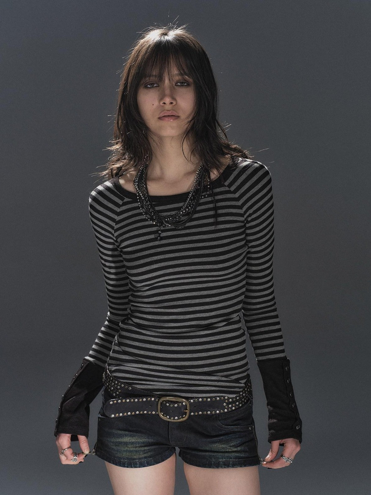 wear And tear Black Gray Striped Patchwork Button Raglan Women&