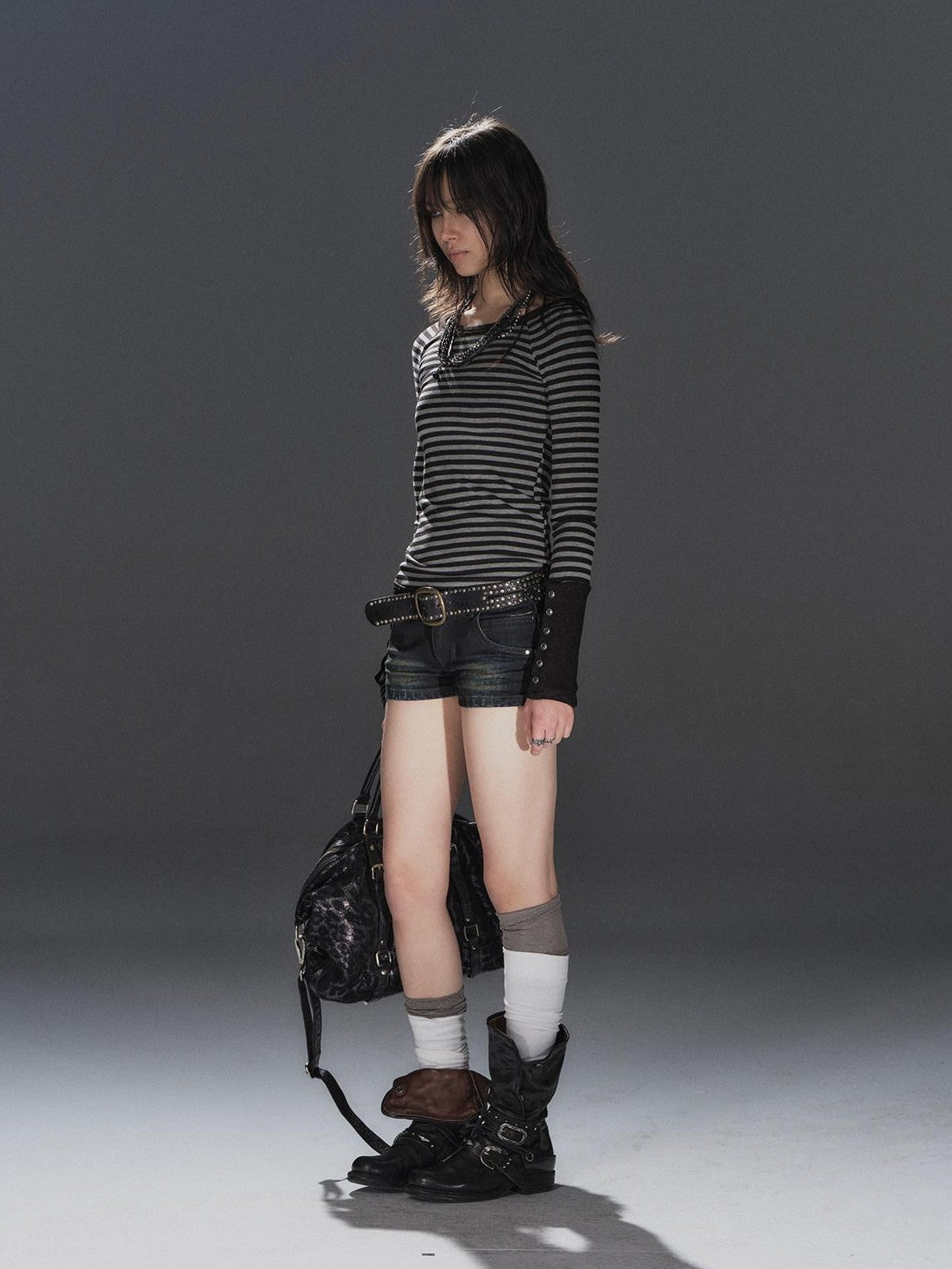 wear And tear Black Gray Striped Patchwork Button Raglan Women&