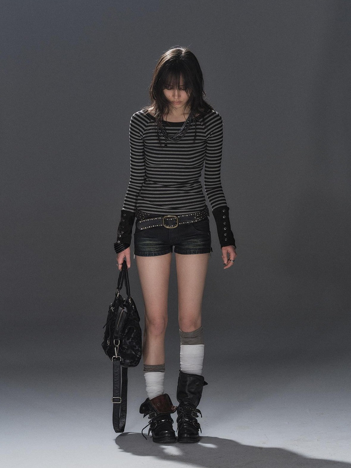 wear And tear Black Gray Striped Patchwork Button Raglan Women&