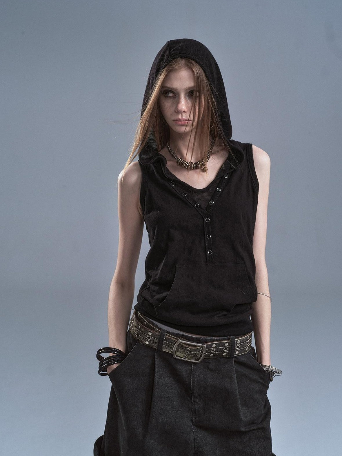 wear And tear Black Hooded Contrast Kangaroo Pocket Faux Layered Women&