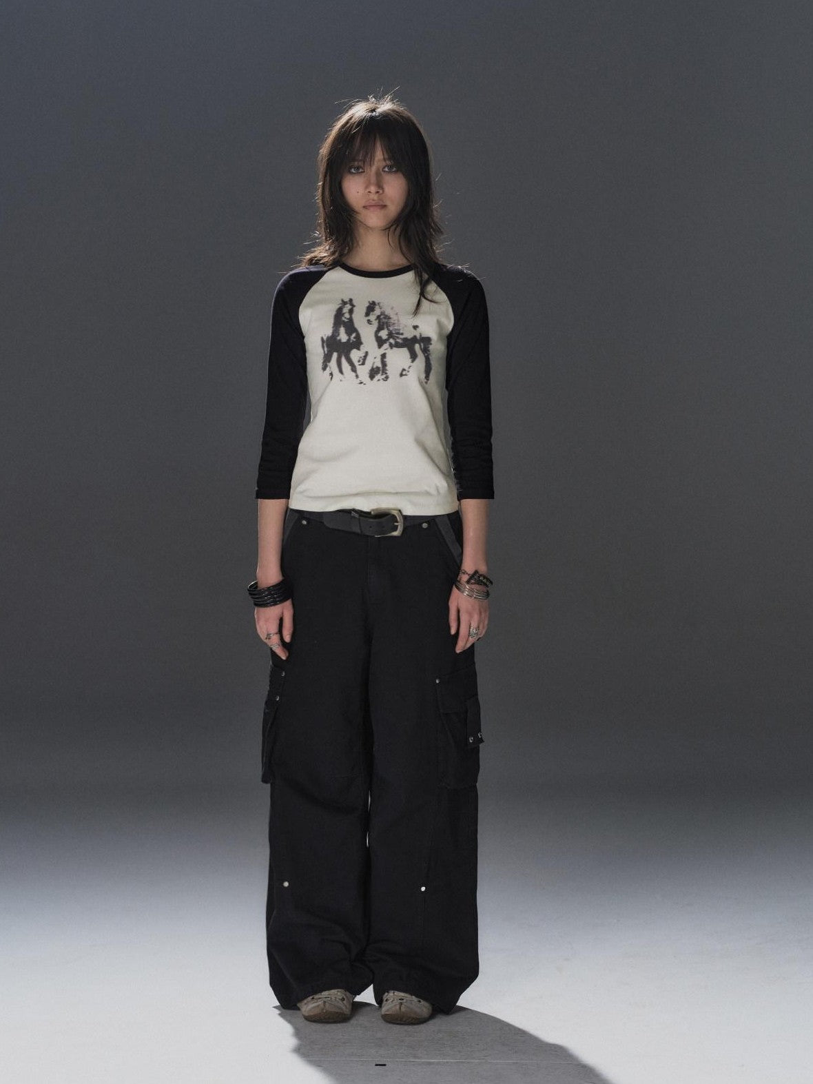 wear And tear Black White Pony Print Colorblock Raglan Women&