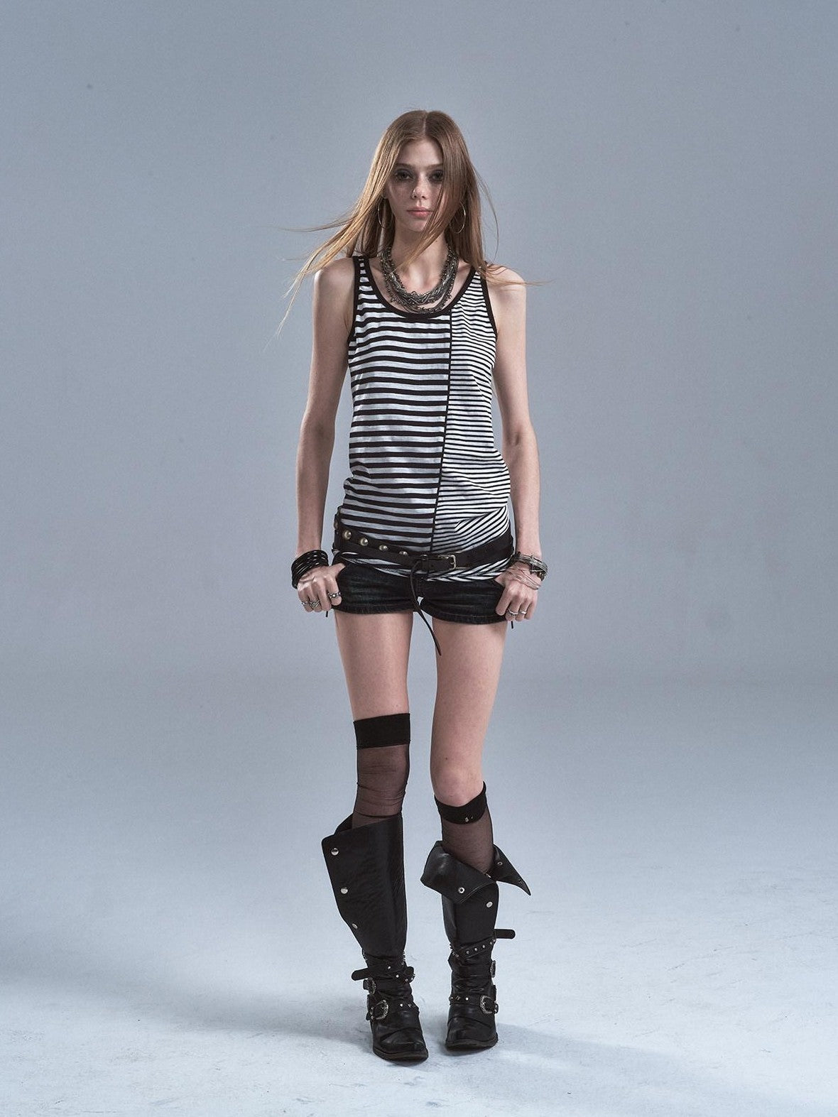 wear And tear Black White Striped Asymmetric Diagonal Hem Women&