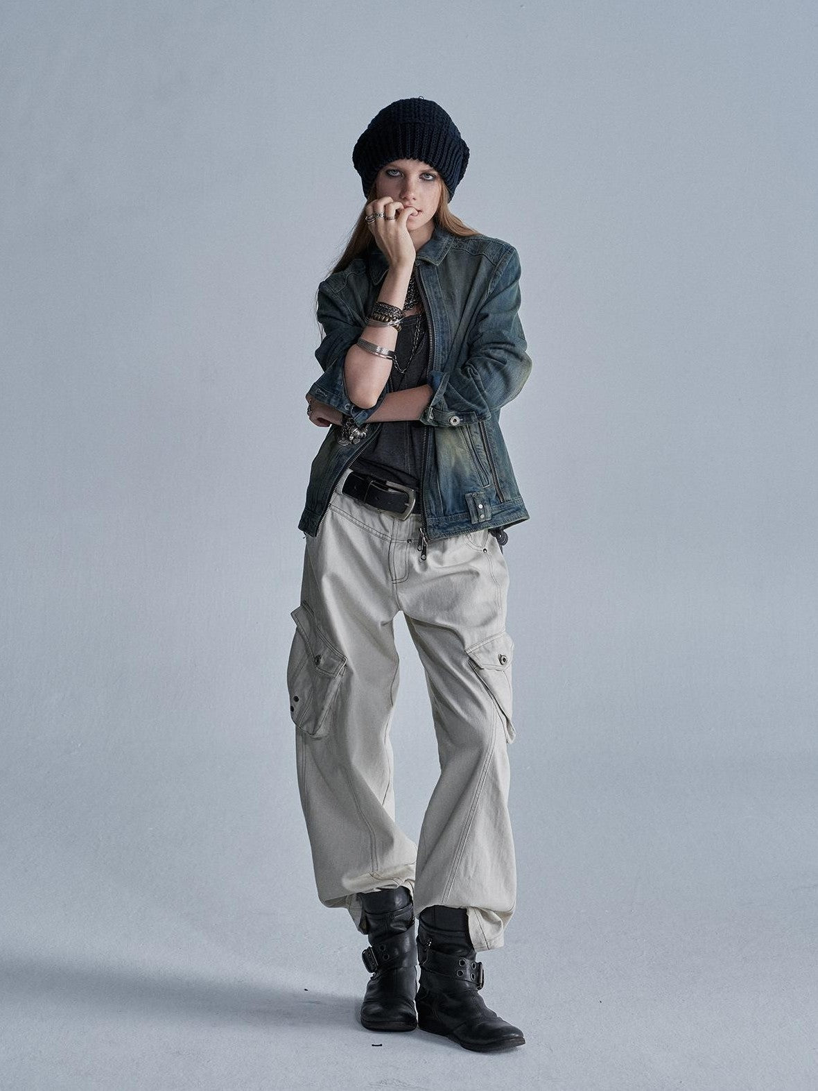 wear And tear Contrast Stitch 3d Pockets Rivet Eyelet Women&