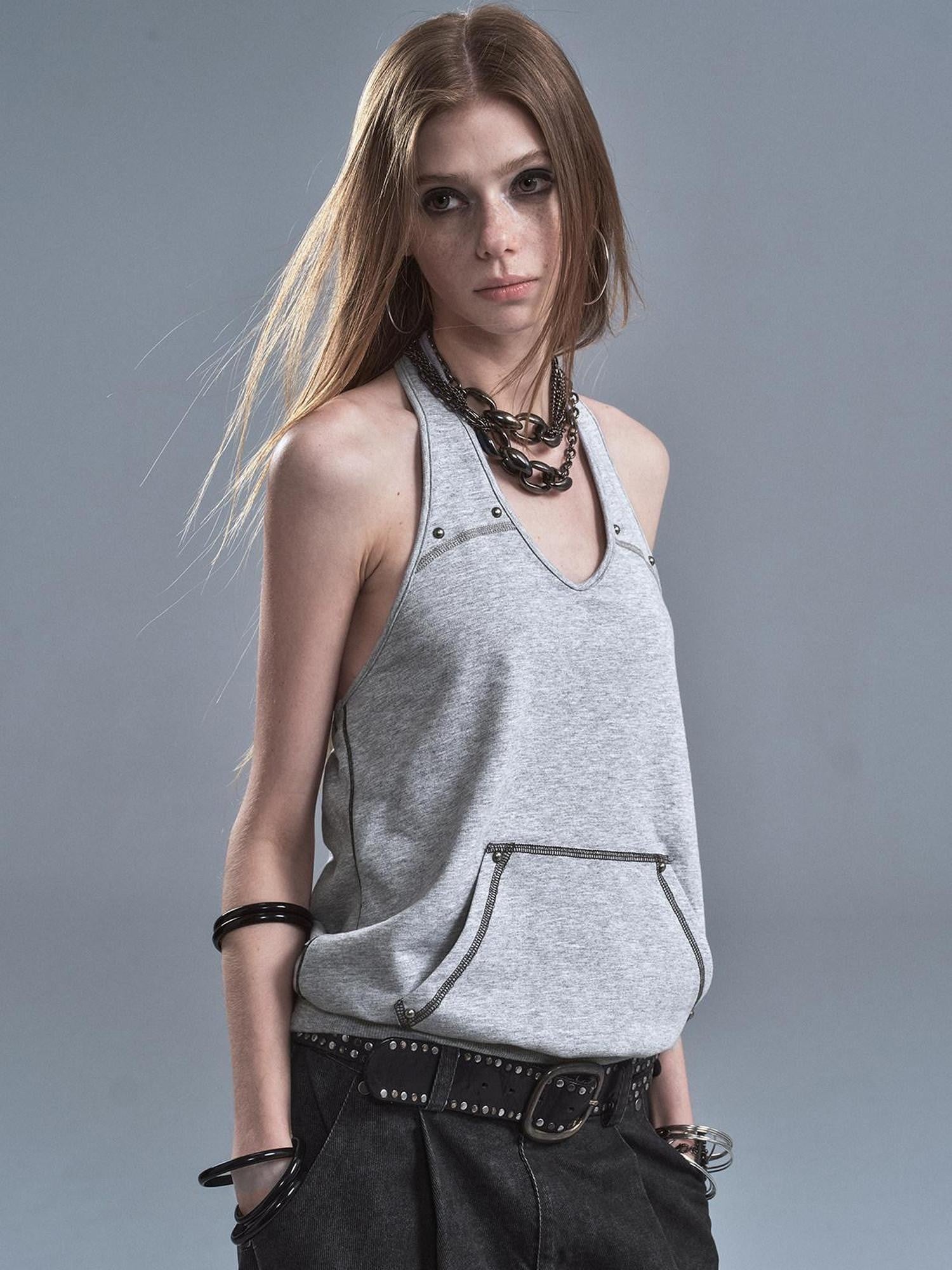 wear And tear Contrast Studded Halter Backless Kangaroo Pocket Panel Women&