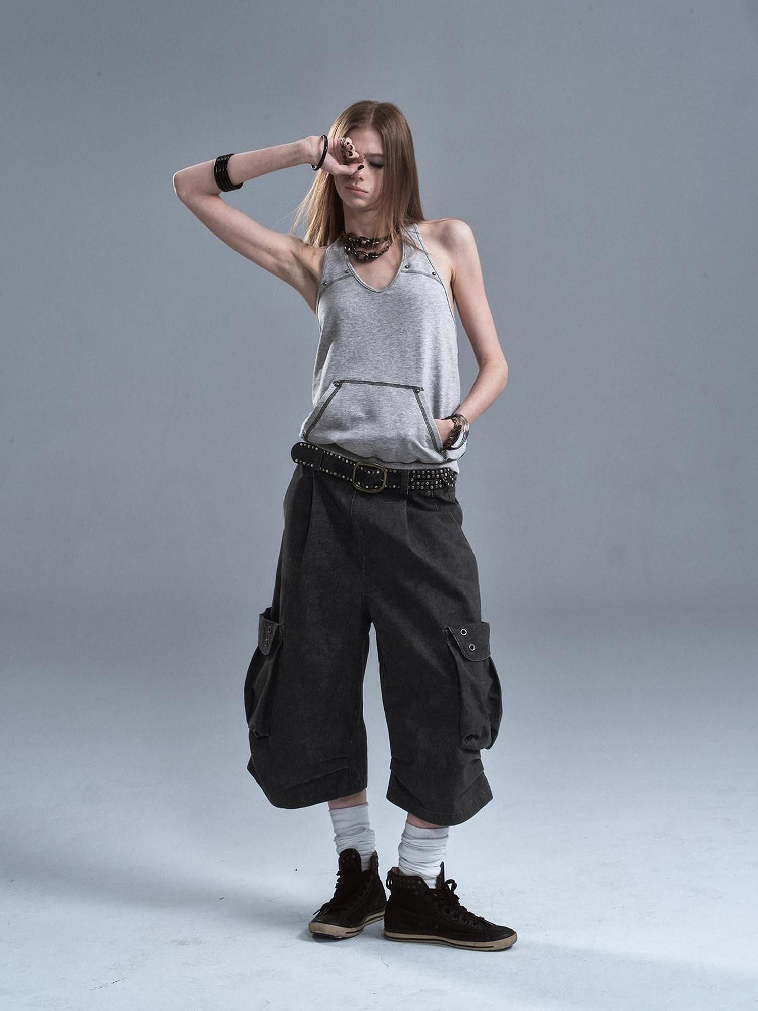 wear And tear Contrast Studded Halter Backless Kangaroo Pocket Panel Women&