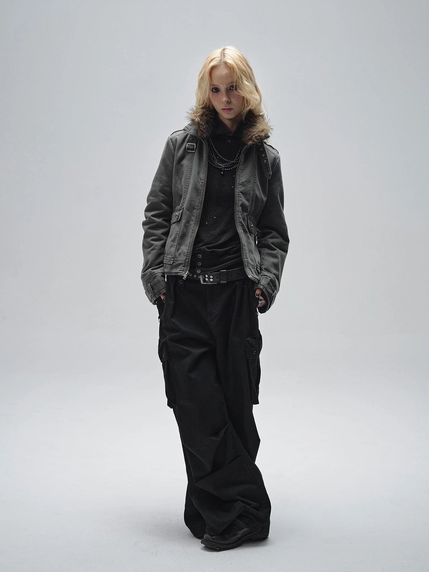 wear And tear Detachable Fur Collar Quilted Cotton Washed Jacket