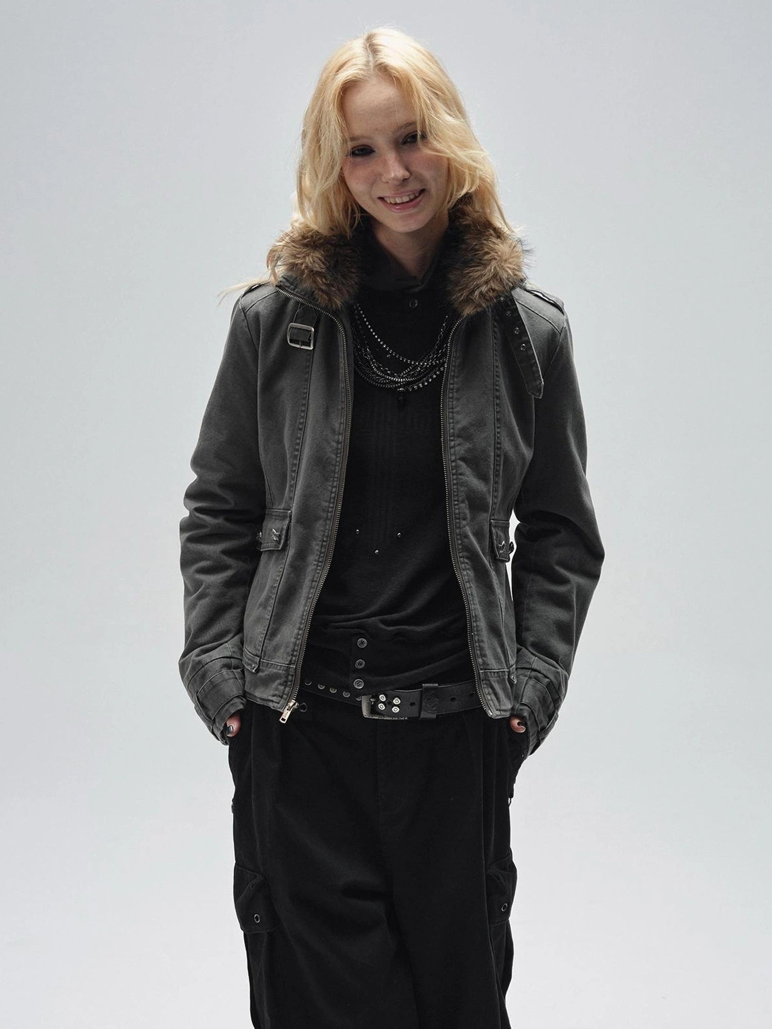 wear And tear Detachable Fur Collar Quilted Cotton Washed Jacket
