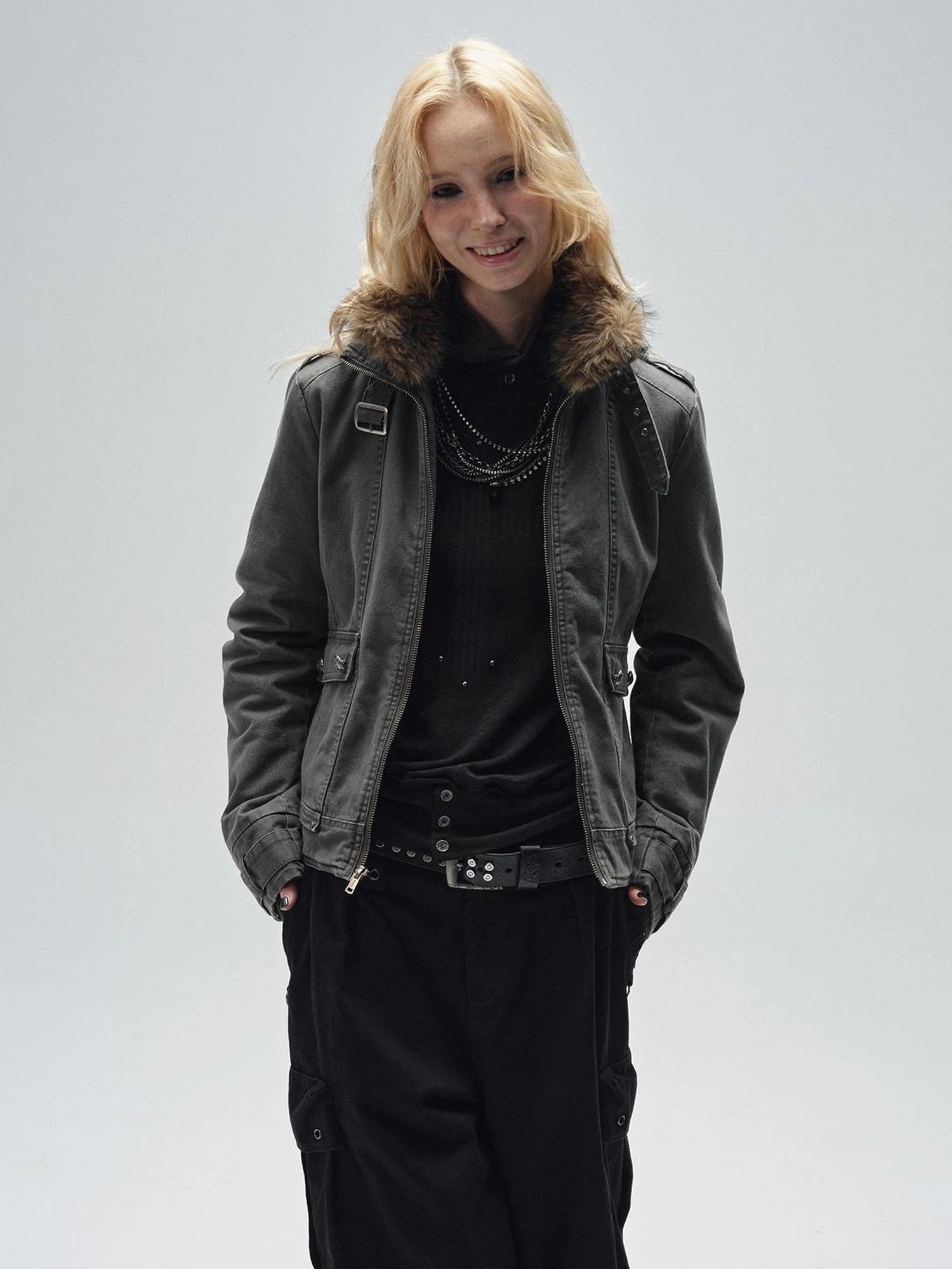 wear And tear Detachable Fur Collar Quilted Cotton Washed Jacket