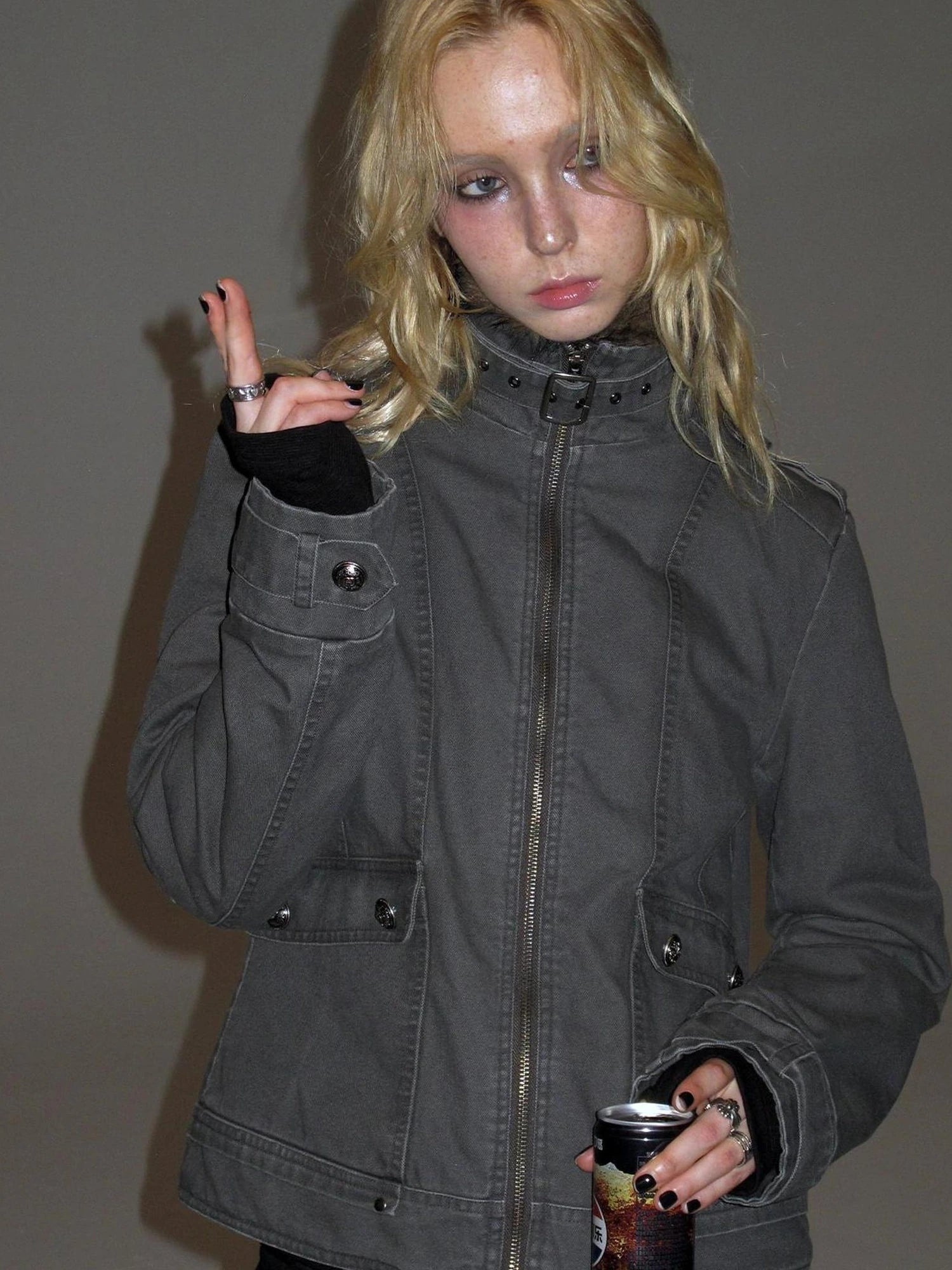 wear And tear Detachable Fur Collar Quilted Cotton Washed Jacket