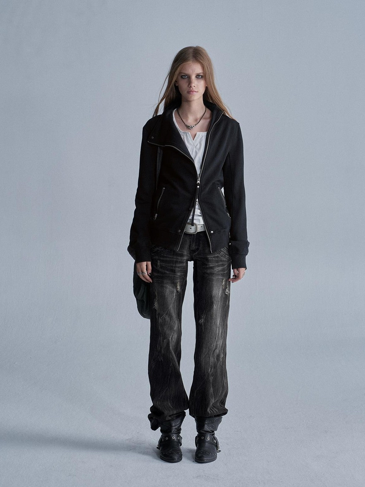 wear And tear Distressed Embroidered Multi Pocket Zip Women&