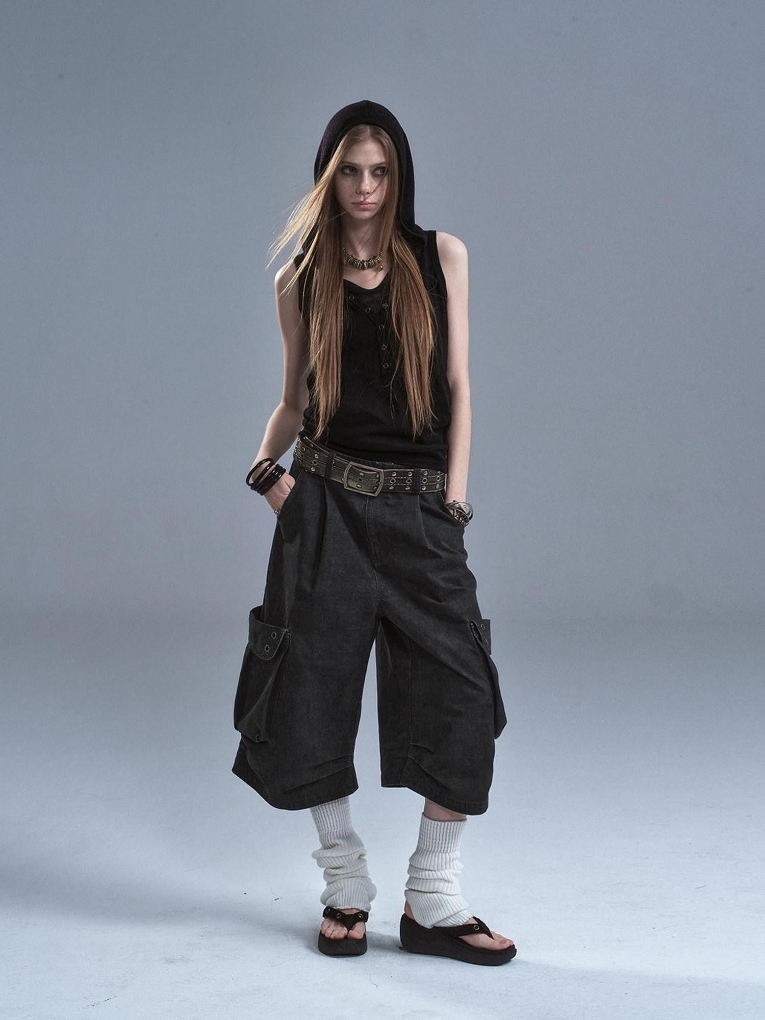 wear And tear Distressed Metal Rivets 3D Pocket Pleated Cargo Women&