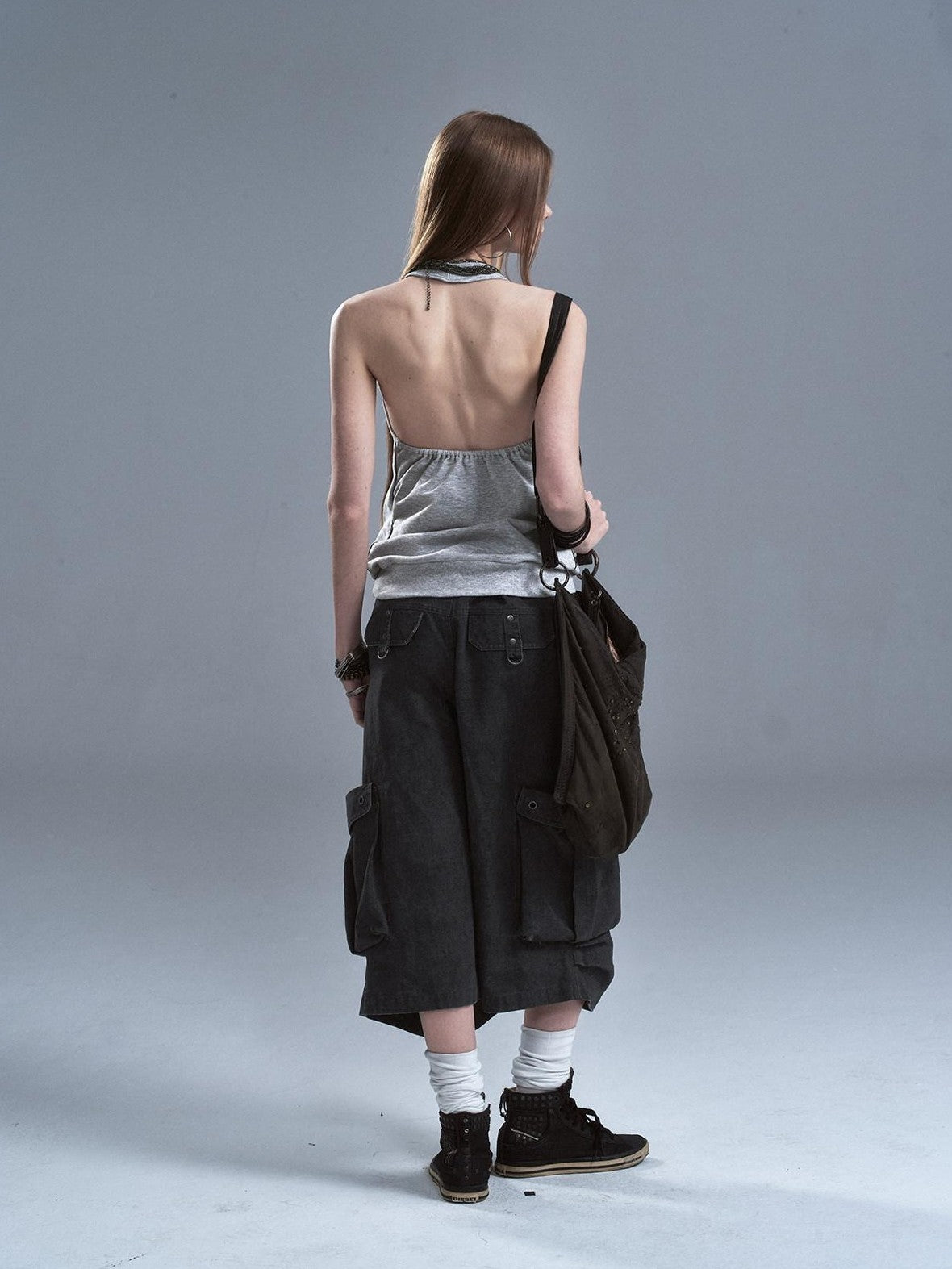 wear And tear Distressed Metal Rivets 3D Pocket Pleated Cargo Women&