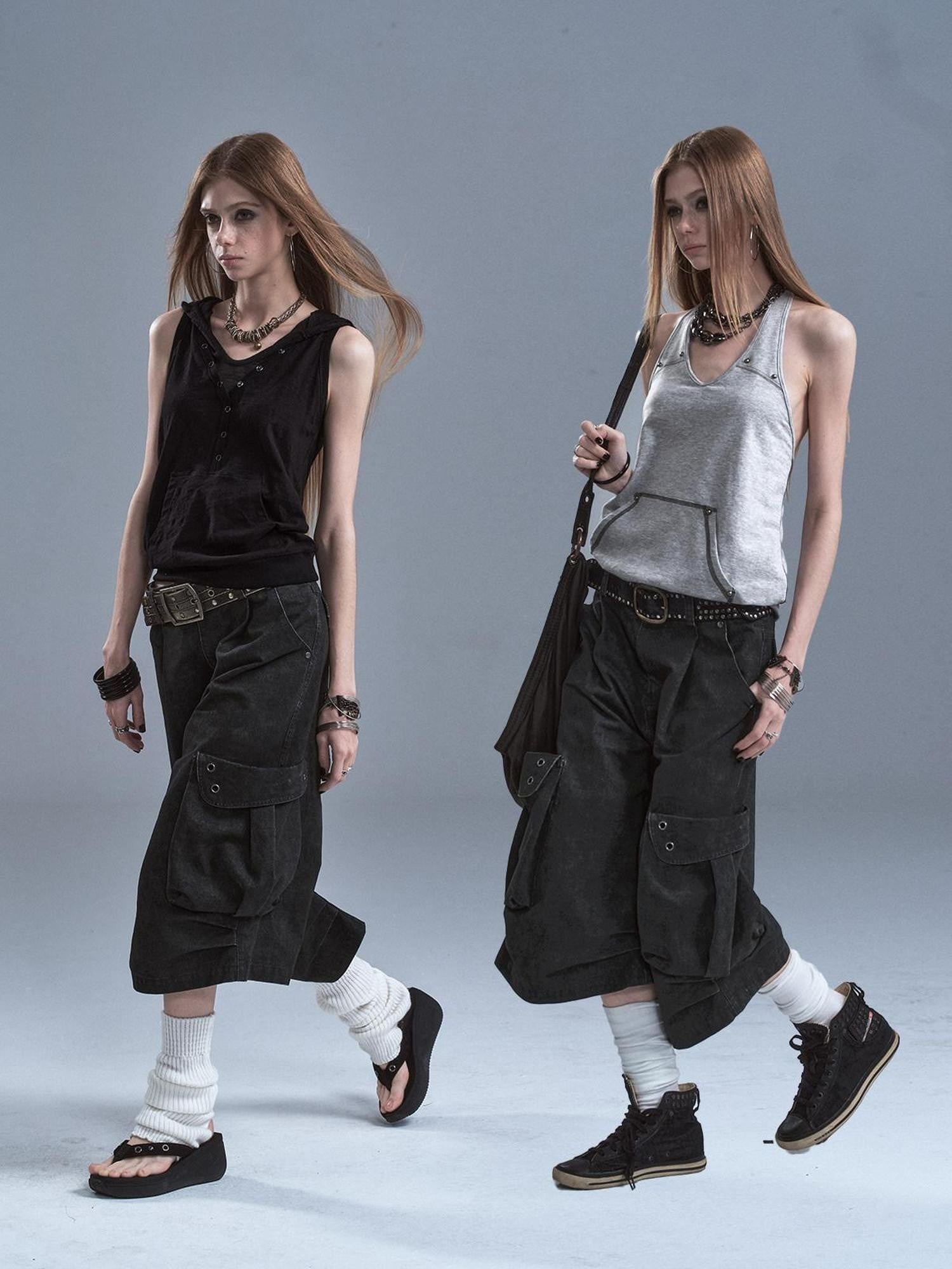 wear And tear Distressed Metal Rivets 3D Pocket Pleated Cargo Women&