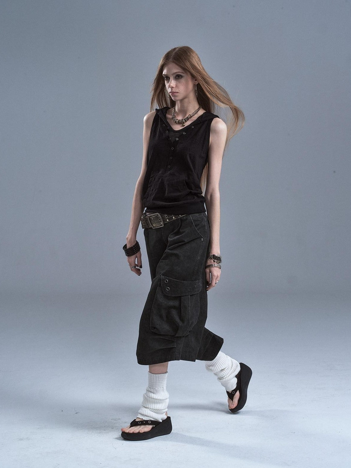 wear And tear Distressed Metal Rivets 3D Pocket Pleated Cargo Women&