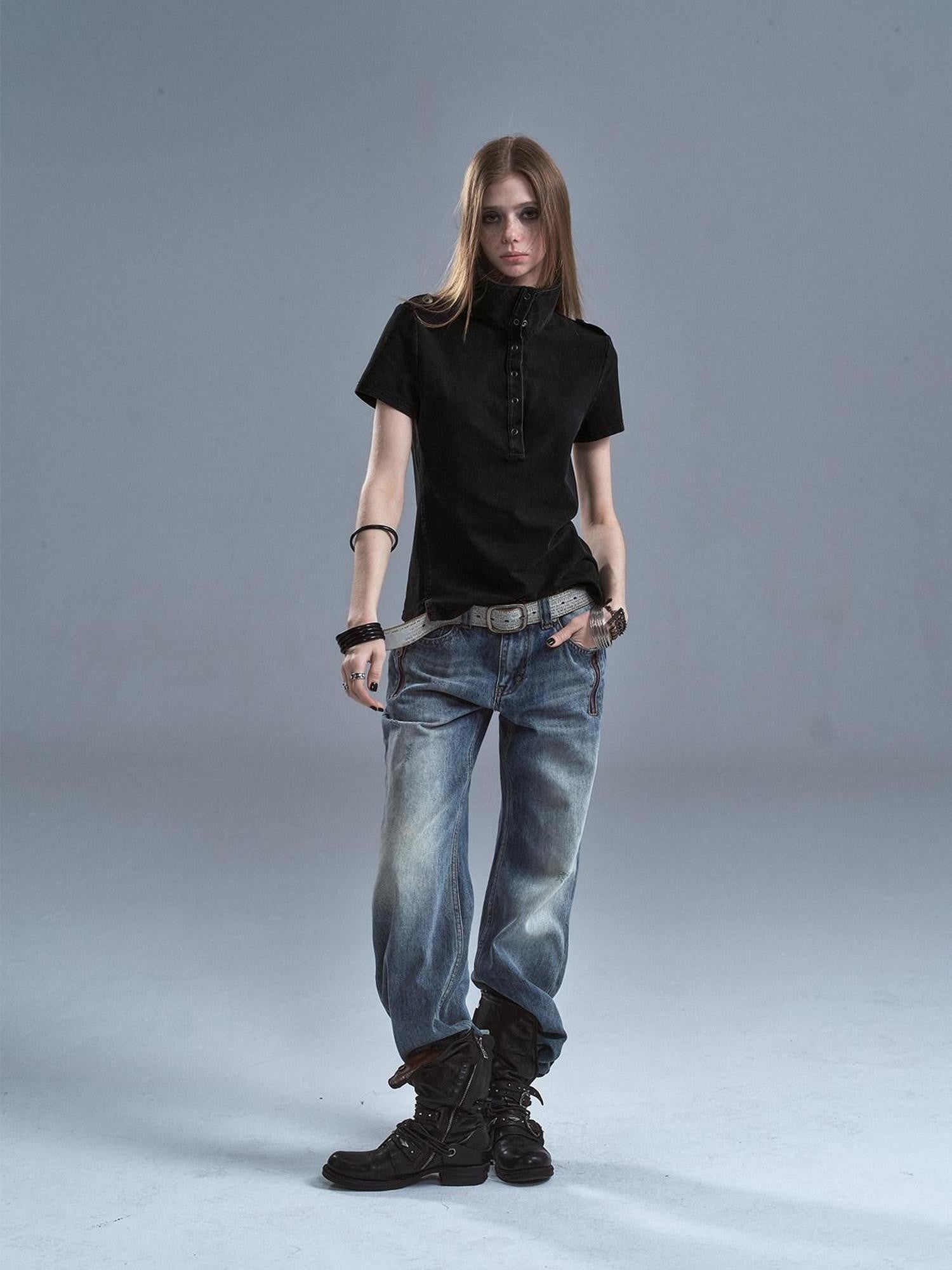 wear And tear Distressed Pique Metal Button Slit Collar Women&