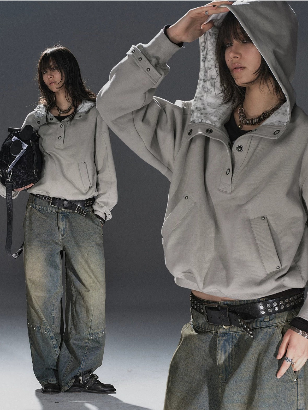 wear And tear Double Layer Leopard Cropped Oversized Punk Hooded Cotton Pocket Women Hoodies