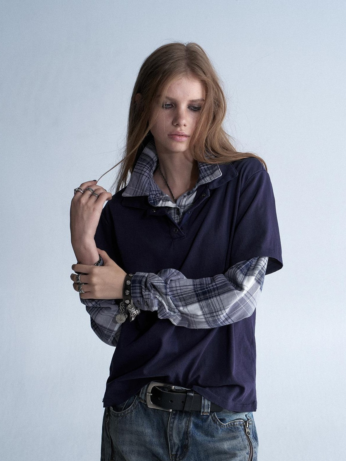 wear And tear Enzyme Washed Plaid Patchwork Faux Layered Double Collar Women&