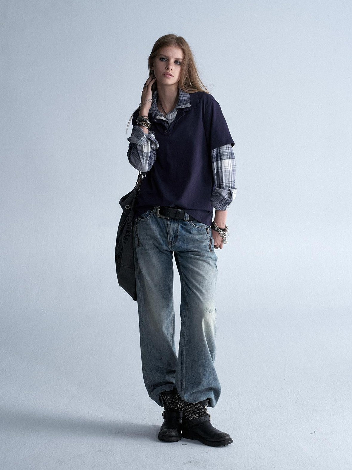 wear And tear Enzyme Washed Plaid Patchwork Faux Layered Double Collar Women&