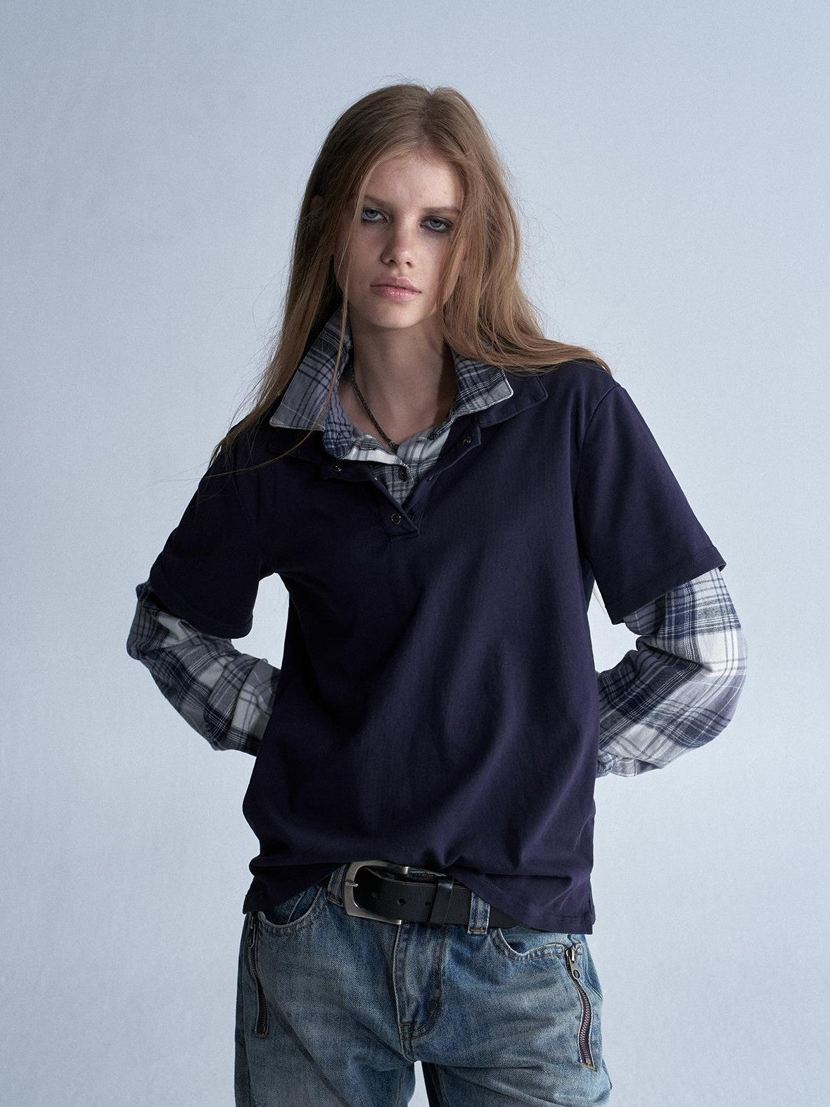 wear And tear Enzyme Washed Plaid Patchwork Faux Layered Double Collar Women&