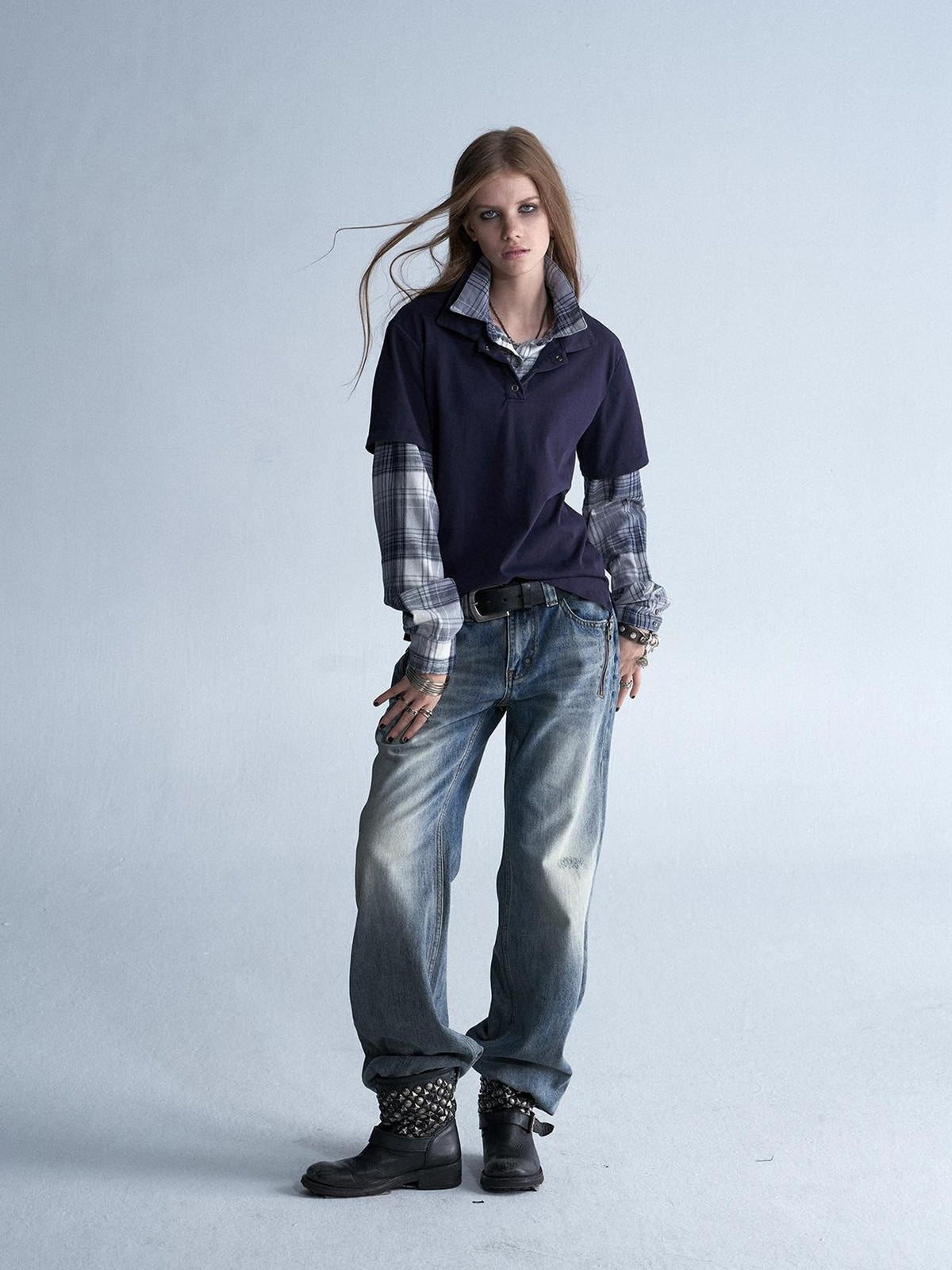 wear And tear Enzyme Washed Plaid Patchwork Faux Layered Double Collar Women&