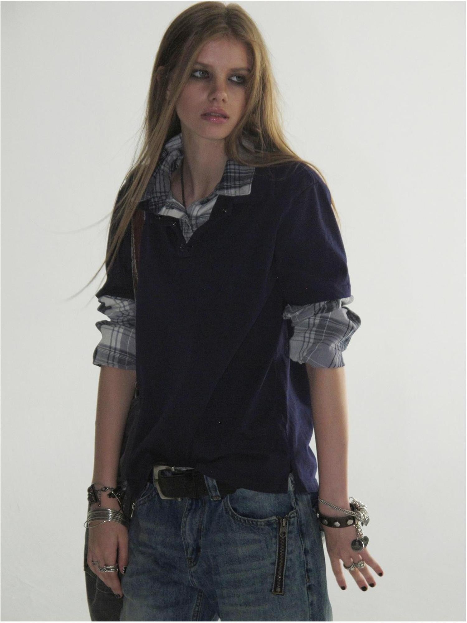 wear And tear Enzyme Washed Plaid Patchwork Faux Layered Double Collar Women&