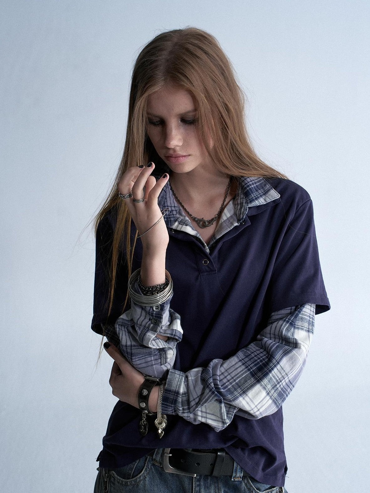 wear And tear Enzyme Washed Plaid Patchwork Faux Layered Double Collar Women&