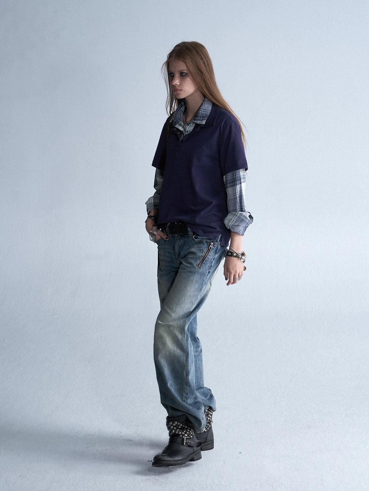 wear And tear Enzyme Washed Plaid Patchwork Faux Layered Double Collar Women&