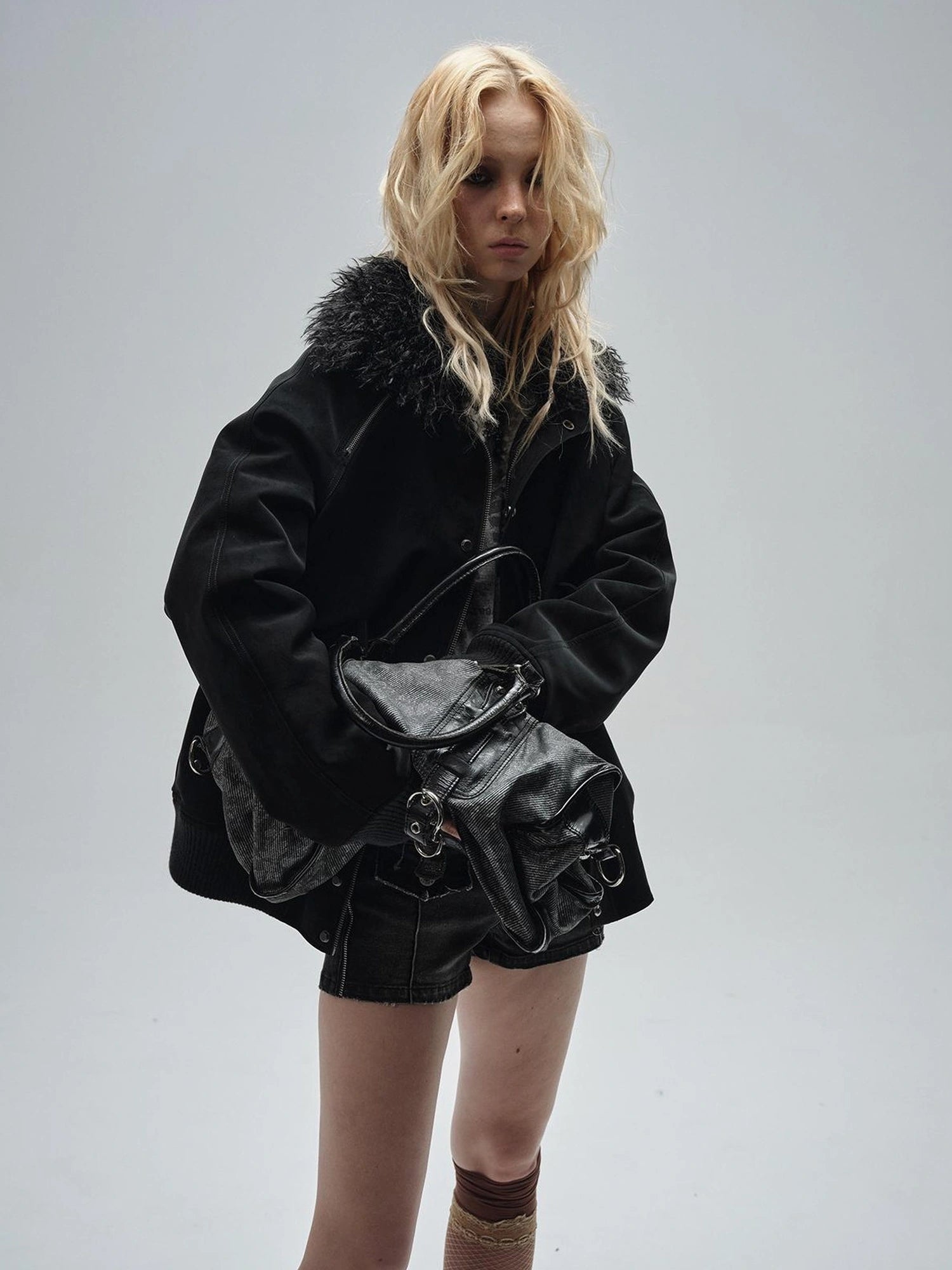 wear And tear Faux Shearling Collar Zip Up Pu Jacket
