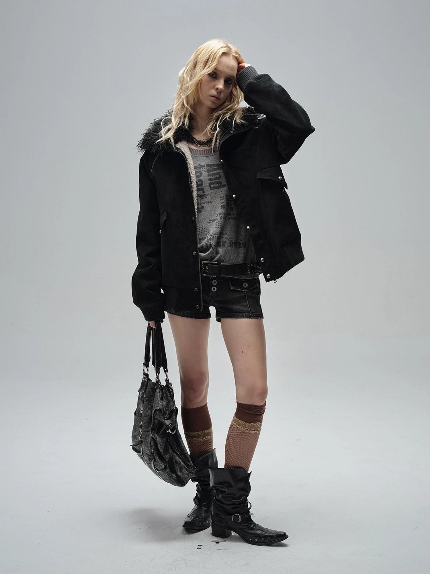 wear And tear Faux Shearling Collar Zip Up Pu Jacket