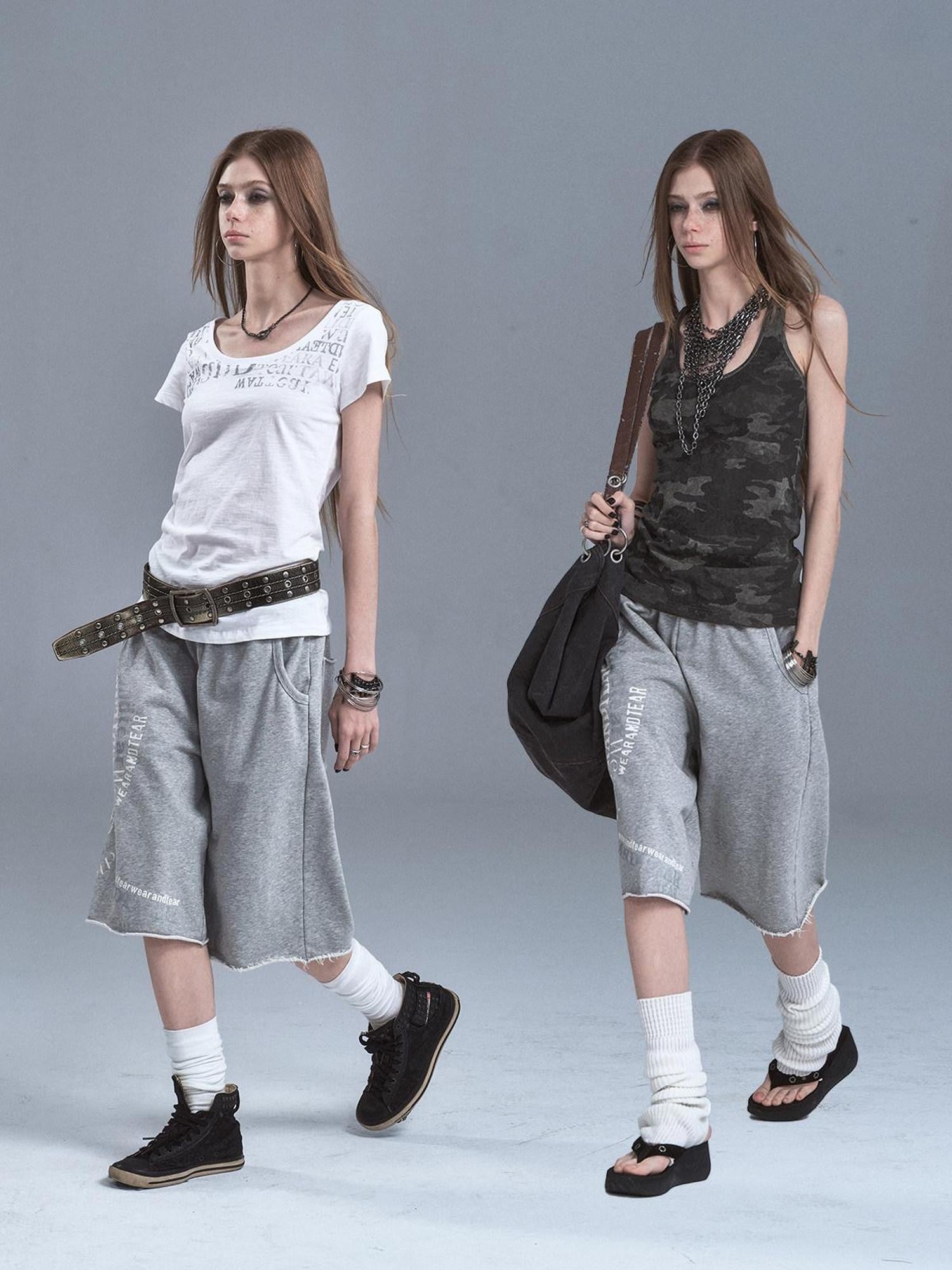 wear And tear Frayed Split Letter Silver Print Asymmetrical Women&