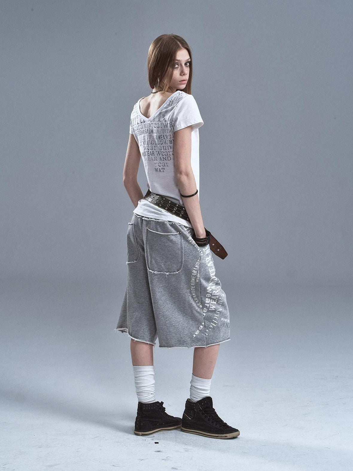wear And tear Frayed Split Letter Silver Print Asymmetrical Women&