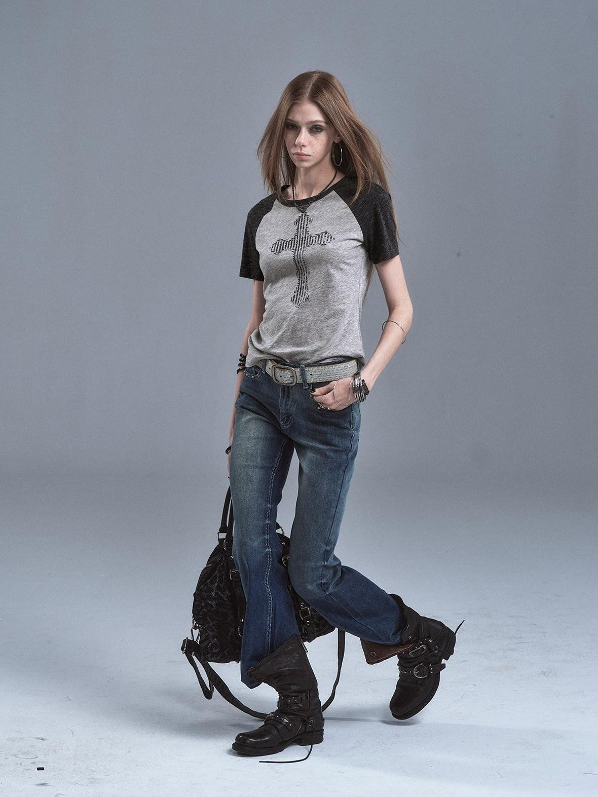 wear And tear Gray Patchwork Cross Print Rhinestone Women&