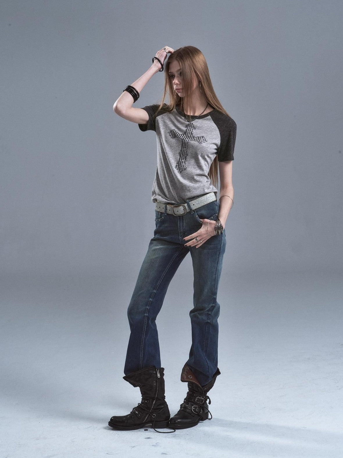wear And tear Gray Patchwork Cross Print Rhinestone Women&