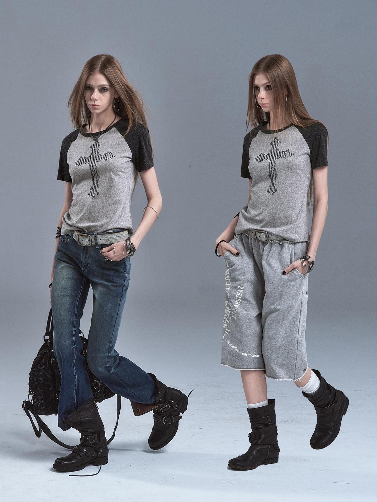 wear And tear Gray Patchwork Cross Print Rhinestone Women&