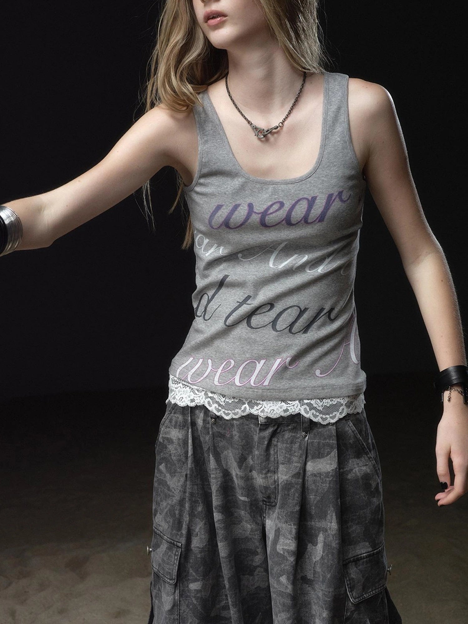 wear And tear Lace Trimmed Contrast Lettering Ribbed Tank