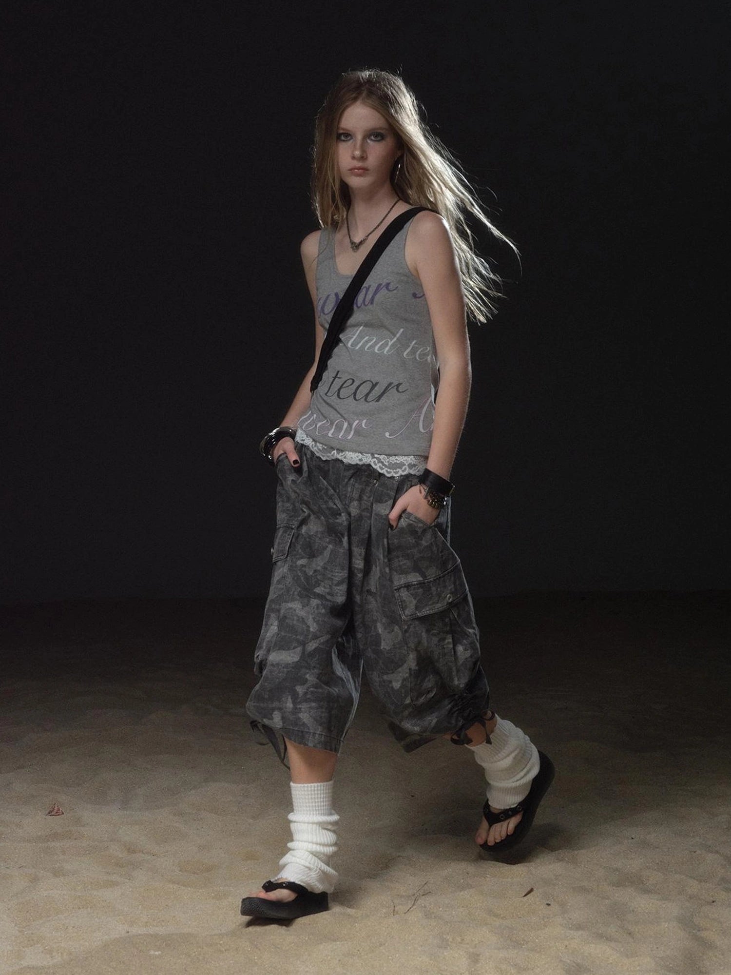 wear And tear Lace Trimmed Contrast Lettering Ribbed Tank