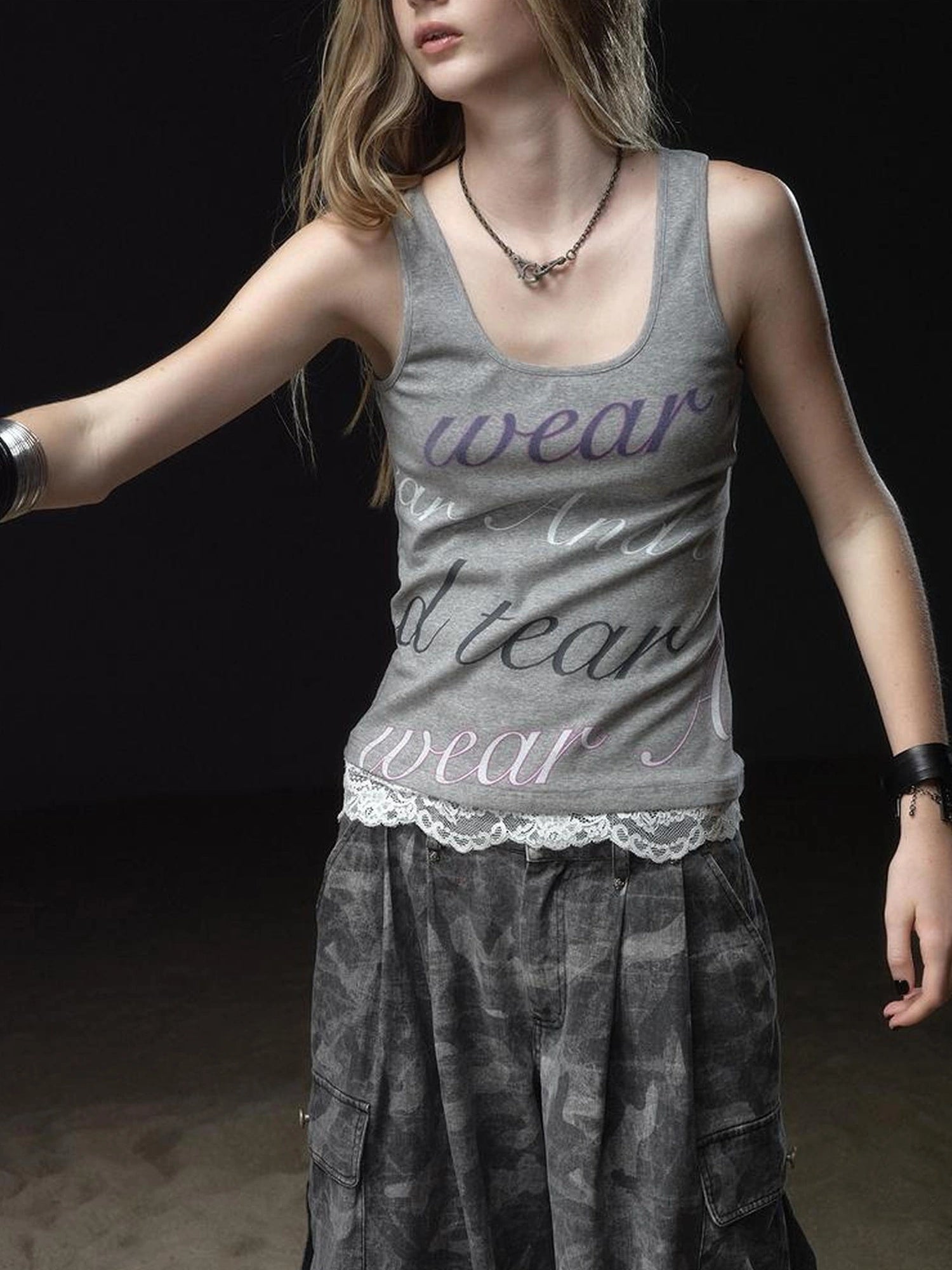 wear And tear Lace Trimmed Contrast Lettering Ribbed Tank