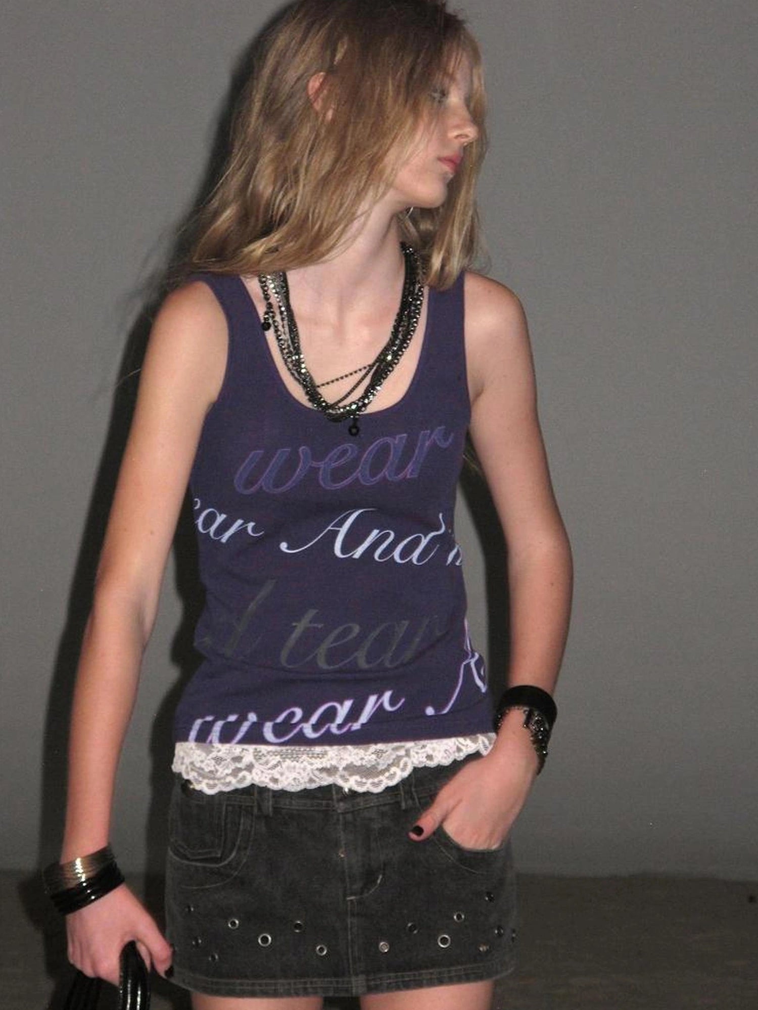 wear And tear Lace Trimmed Contrast Lettering Ribbed Tank