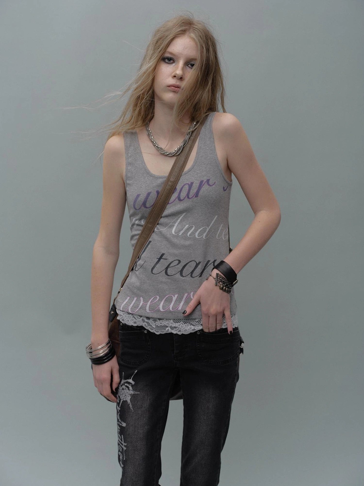 wear And tear Lace Trimmed Contrast Lettering Ribbed Tank
