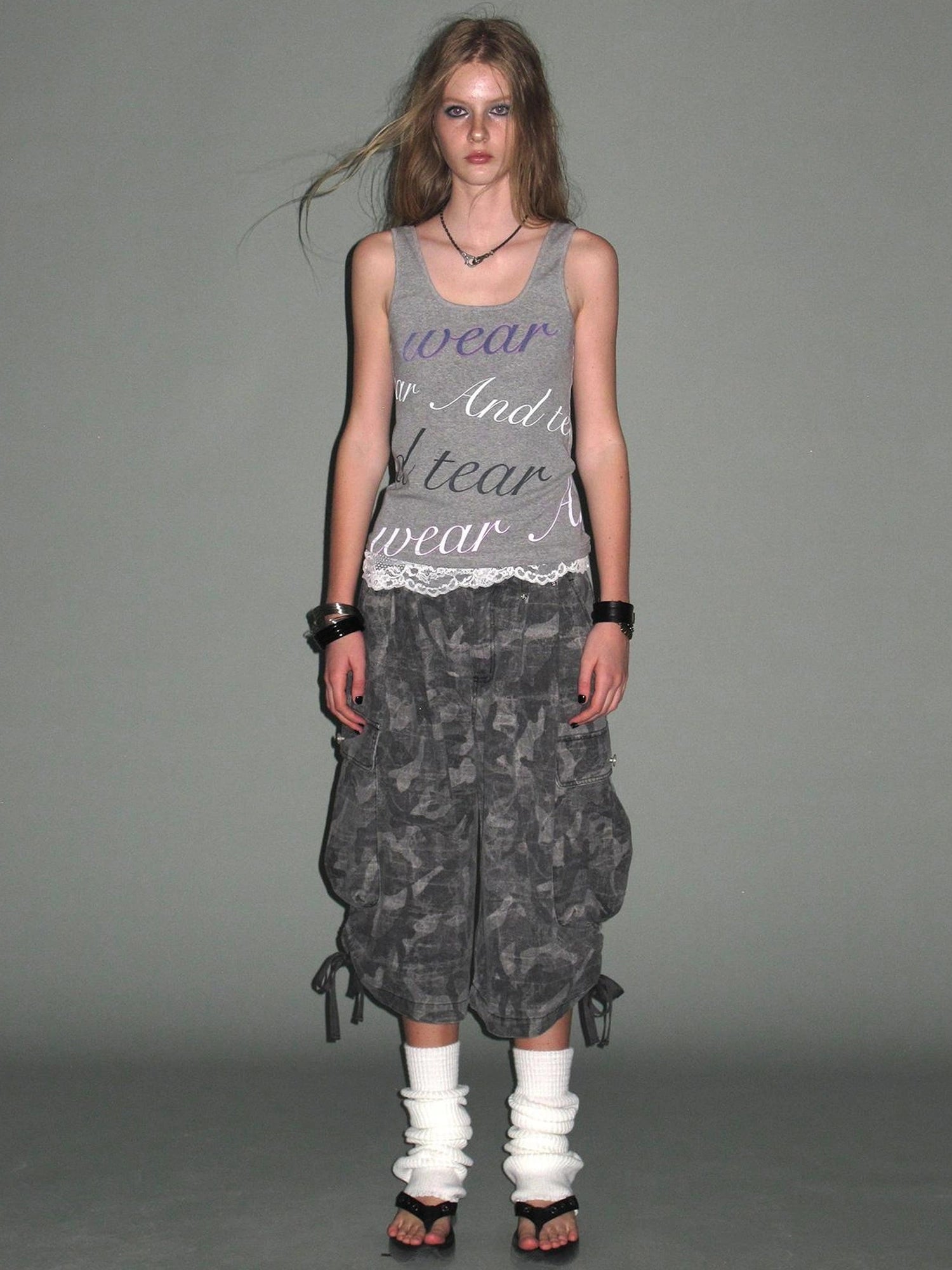 wear And tear Lace Trimmed Contrast Lettering Ribbed Tank