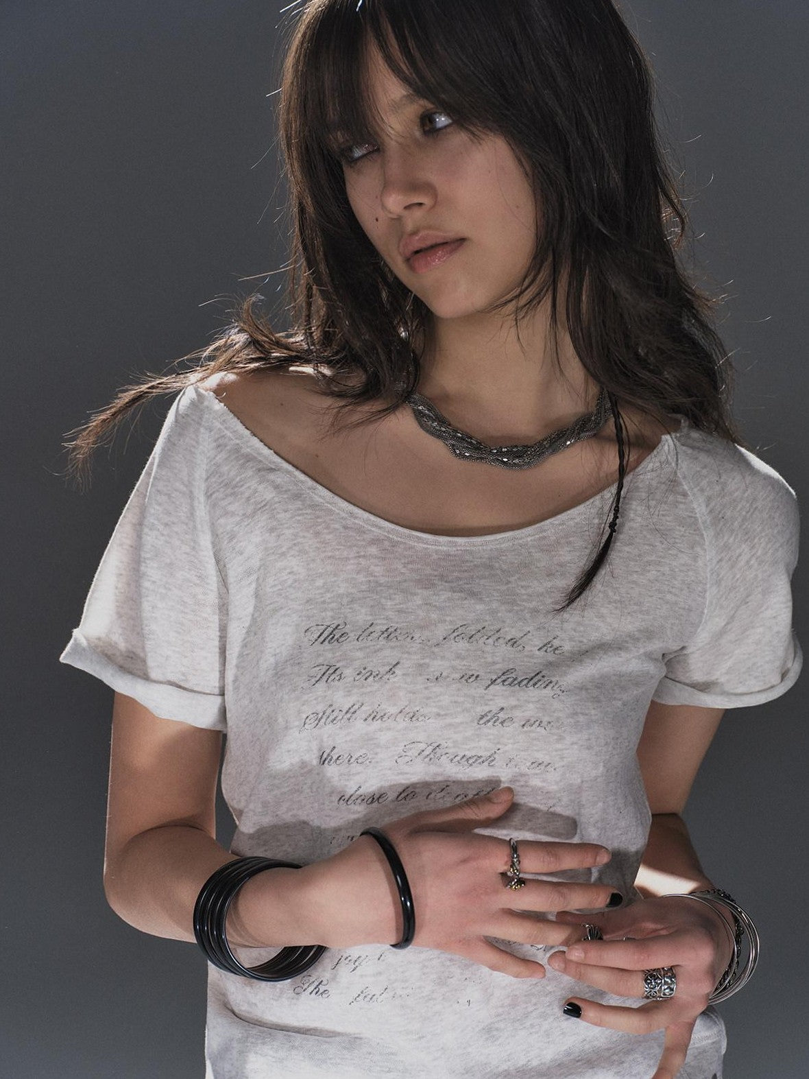 wear And tear Light Heather Gray Silver Print Cold Shoulder Women&