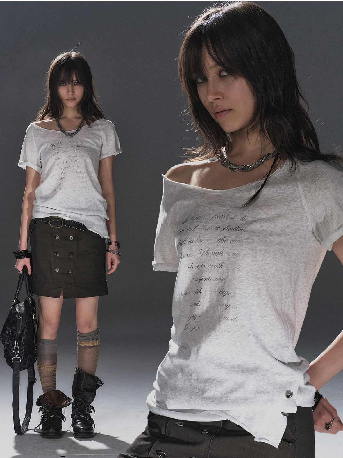 wear And tear Light Heather Gray Silver Print Cold Shoulder Women&