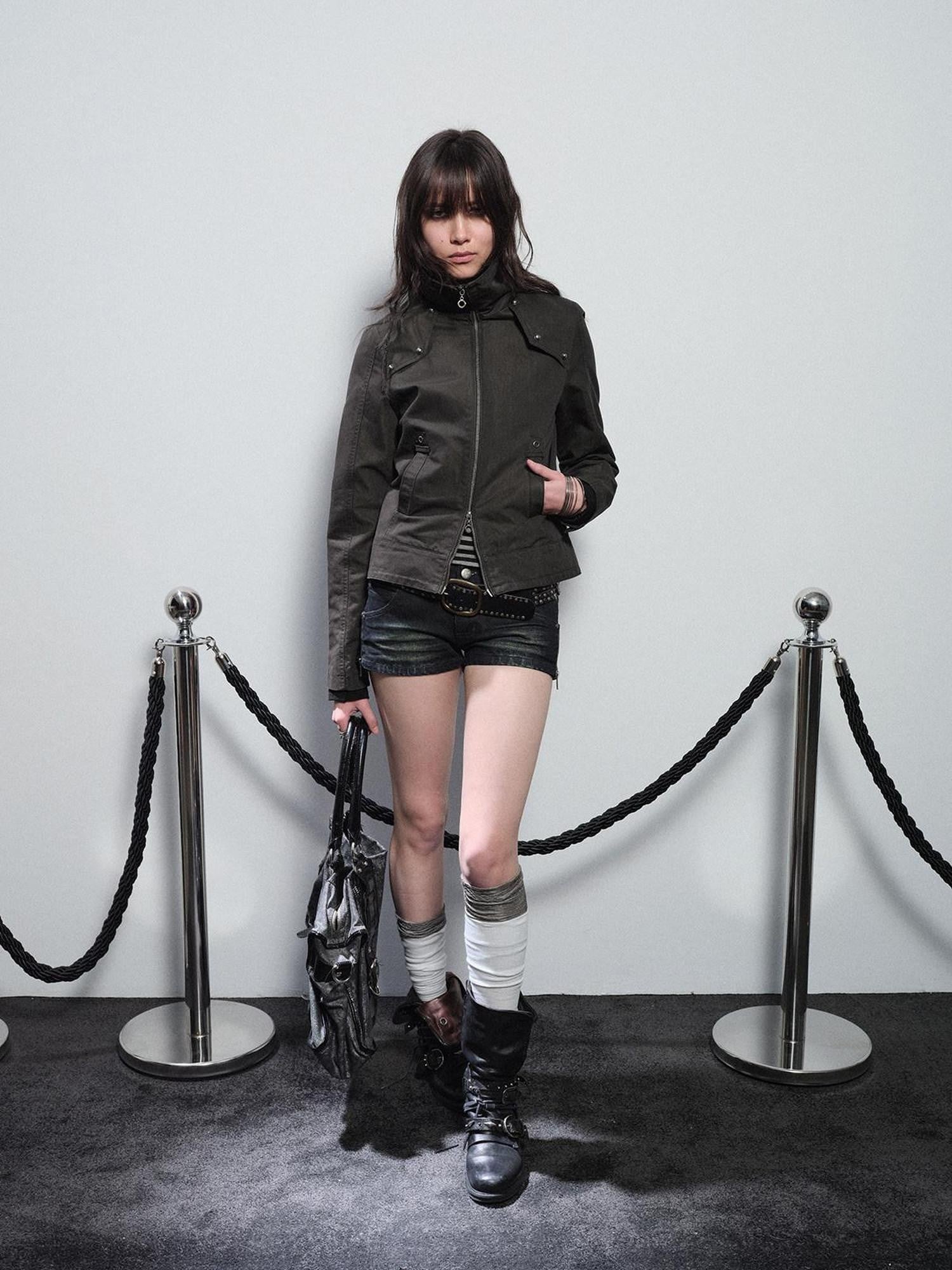 wear And tear Polarized Studded Two Way Zip Stand Collar Slim Women&