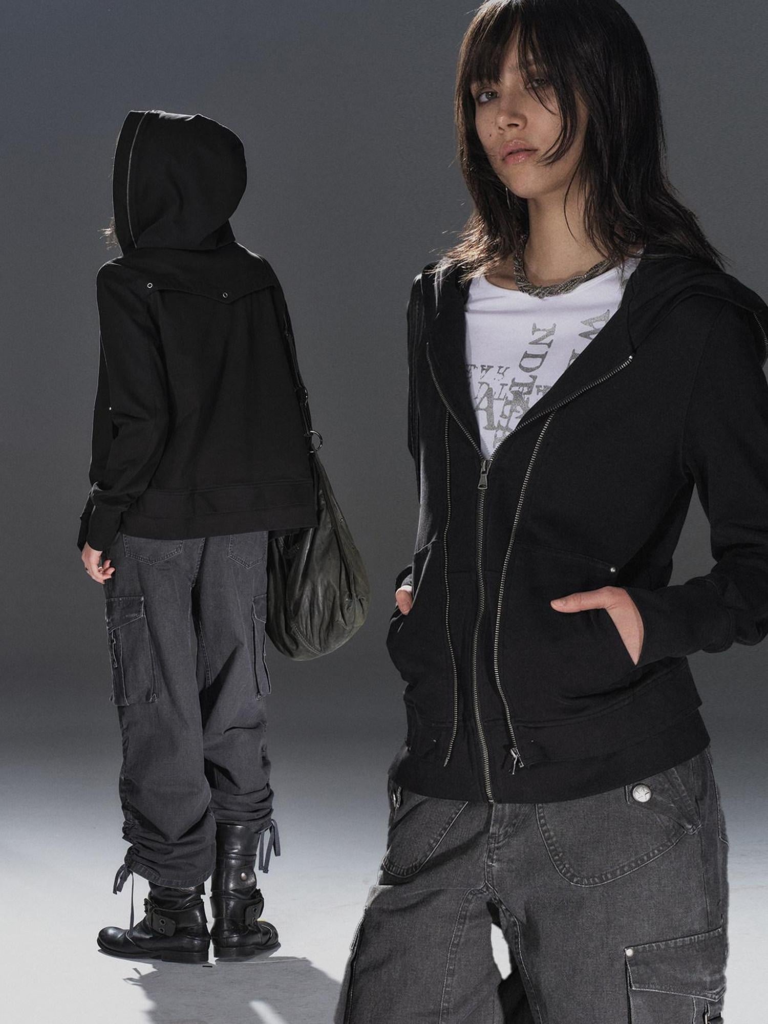 wear And tear Pure Cotton Lightweight Slim Zip Punk Studded Hooded Women Black Pocket Hoodies