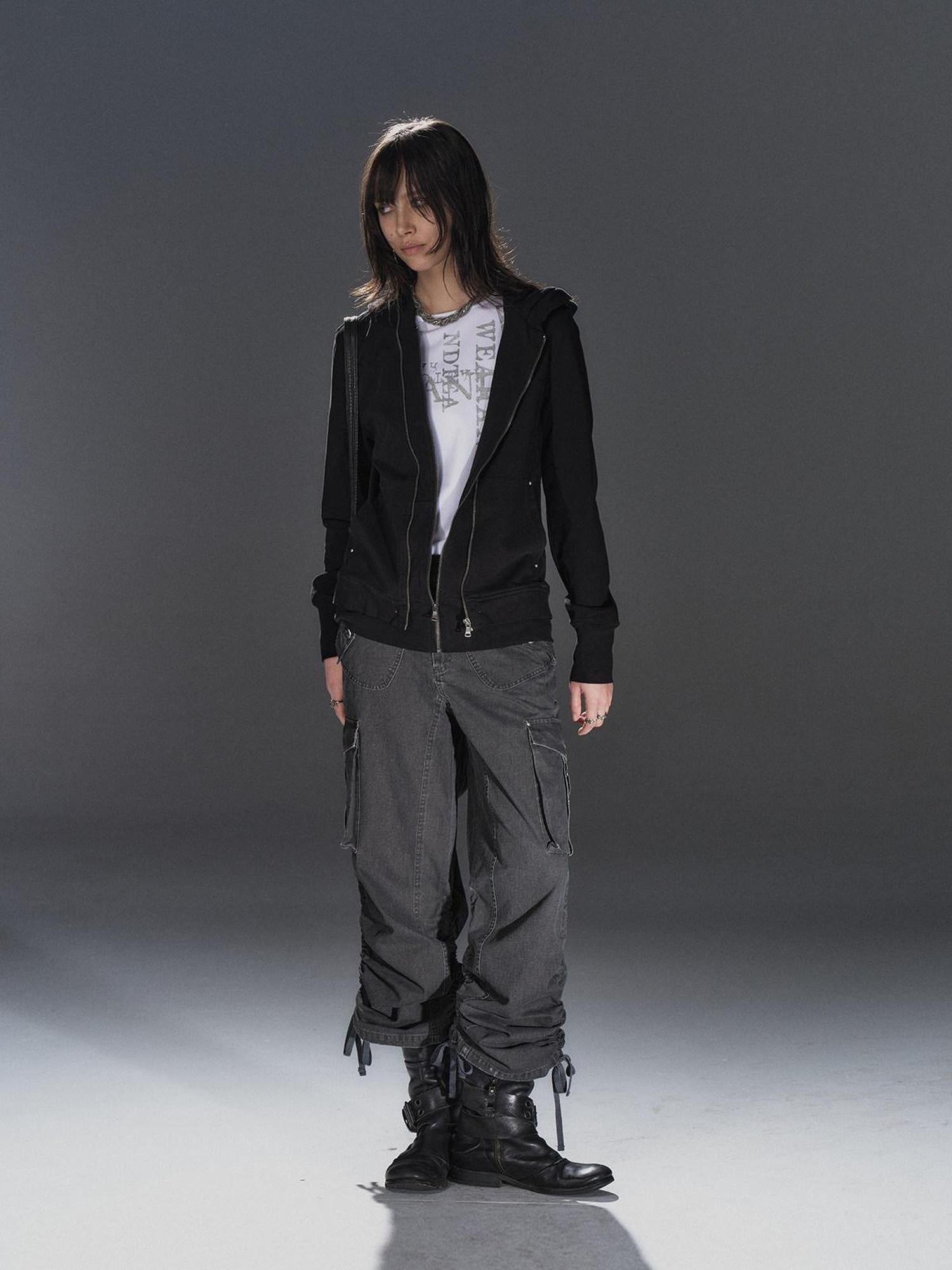 wear And tear Pure Cotton Lightweight Slim Zip Punk Studded Hooded Women Black Pocket Hoodies