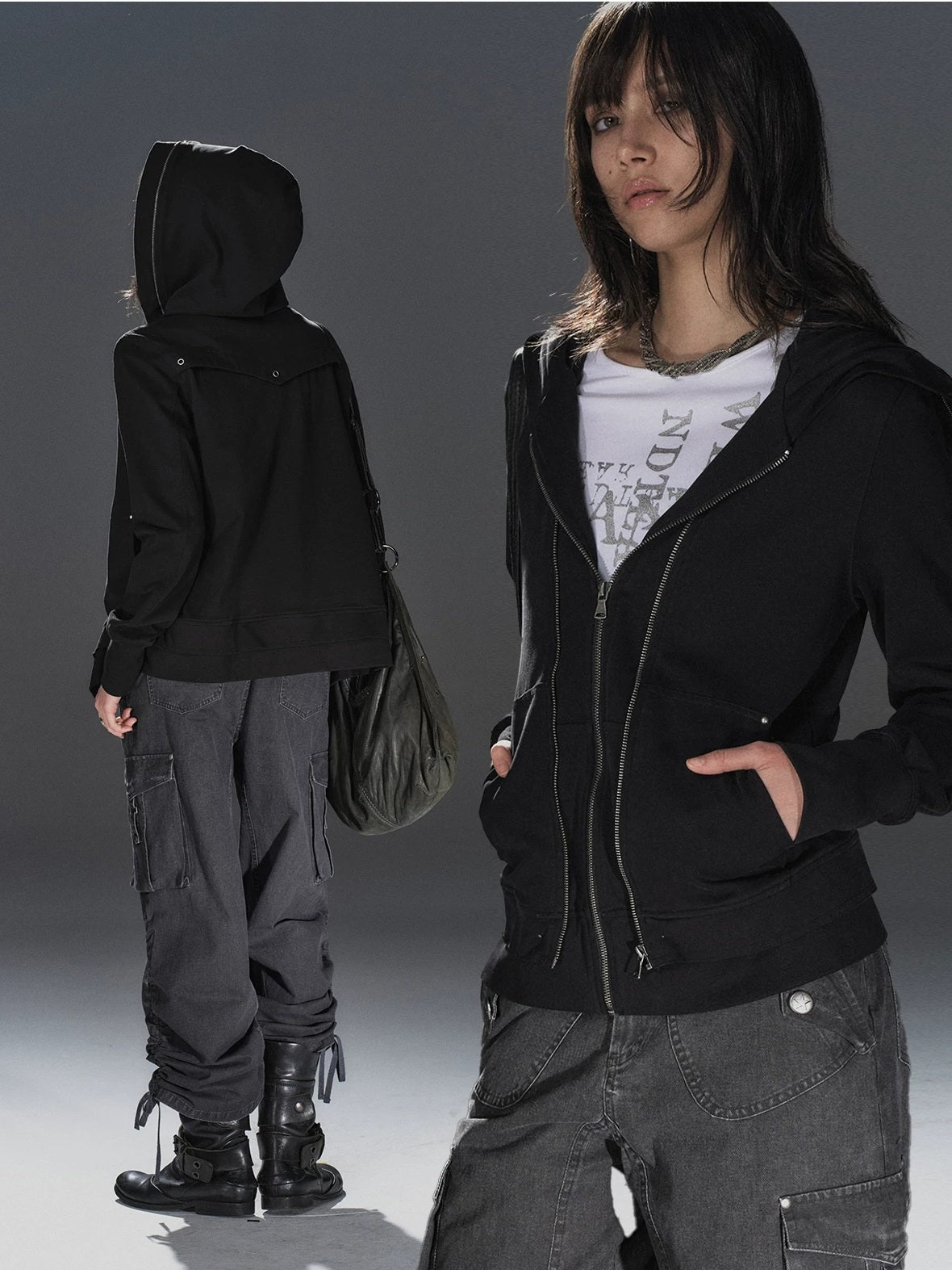 wear And tear Pure Cotton Lightweight Slim Zip Punk Studded Hooded Women Black Pocket Hoodies